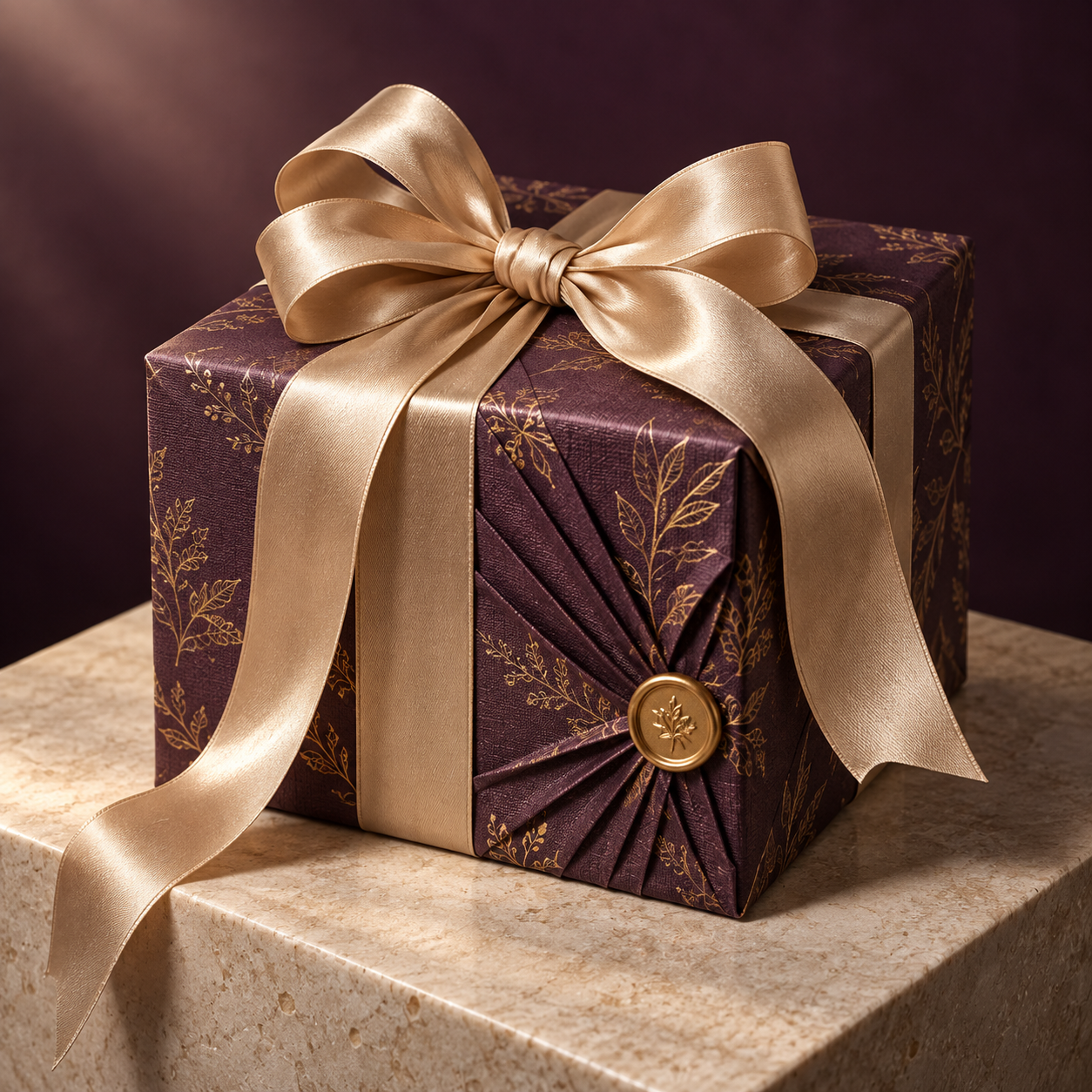 Elegant plum gift box with gold botanical wrapping, hand-folded pleats and an oversized champagne satin bow